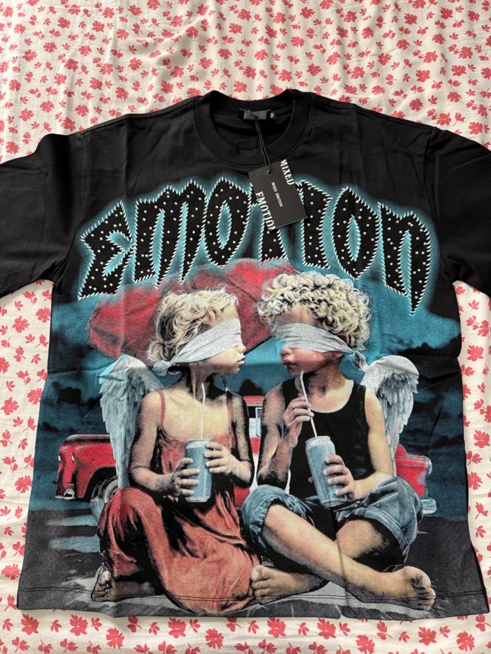 Mixed Emotion - Black Graphic Short Sleeve Tee with Angel Illustration